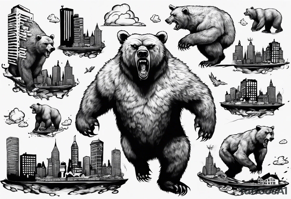 Angry bear coming up behind a city tattoo idea