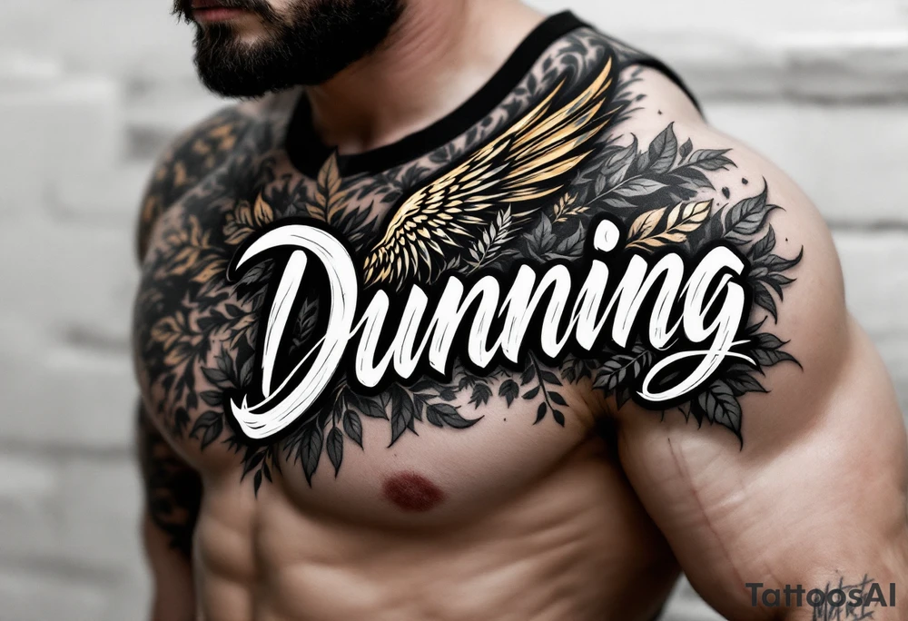 Dunning, Details include name in white color,angel wing, rain drop jungles leaves,cool font, gold tattoo idea