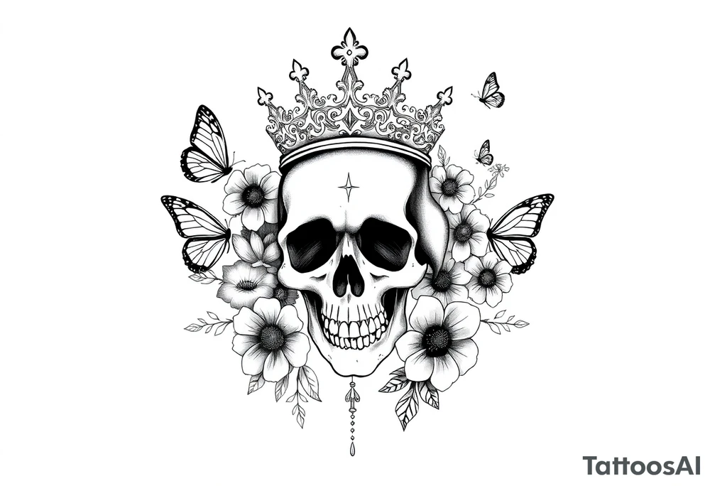 ornate skull adorned with gothic crown surrounded by boho flowers and butterflies tattoo idea