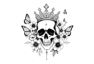 ornate skull adorned with gothic crown surrounded by boho flowers and butterflies tattoo idea