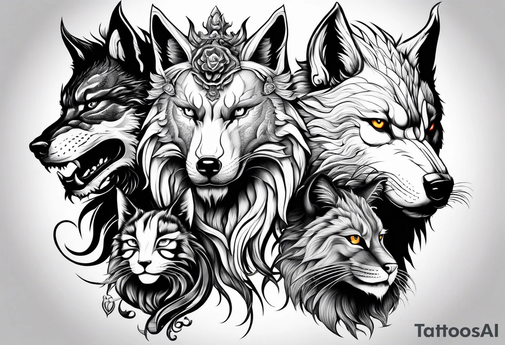 THREE ANIMAL HEADS ONLY MERGED, A CHINESE DRAGON A WOLF AND A CAT tattoo idea
