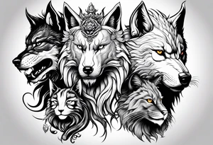 THREE ANIMAL HEADS ONLY MERGED, A CHINESE DRAGON A WOLF AND A CAT tattoo idea