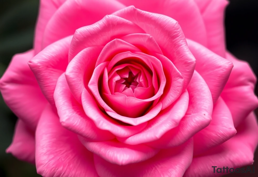The pink rose appears as if viewed through a mesmerizing kaleidoscope, with its delicate petals radiating outward in a perfectly symmetrical, fractal-like pattern. Shades of soft blush and vibrant magenta blend seamlessly, creating a hypnotic, almost surreal visual effect that draws the eye deeper into its intricate layers. The petals seem to fold and reflect infinitely, forming geometric shapes that shift and transform, giving the rose an ethereal, dreamlike quality. tattoo idea