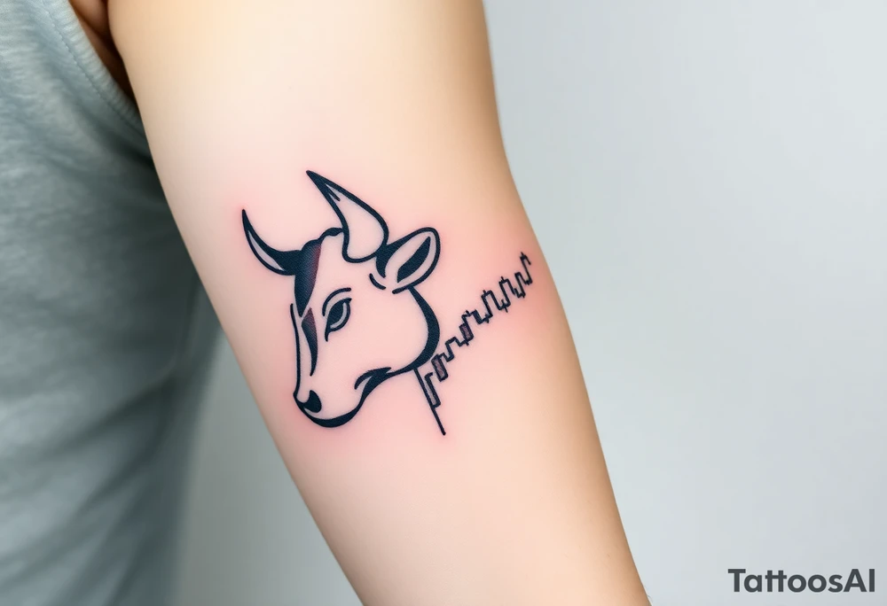 Create a minimalist black line tattoo of a bull’s head that transitions into an upward-trending candlestick stock chart. The design should have clean, fluid lines and combine the bull’s face and horns on the left, with the candlestick chart rising to the right, forming the shape of the bull’s jaw/neck. Keep the style simple and elegant, suitable for a forearm or upper arm tattoo.” tattoo idea