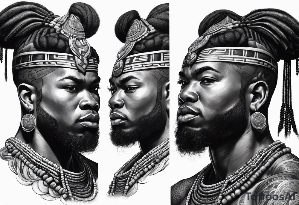ogun guerreiro africano realista em preto e cinza com tons de verde no fudo tattoo idea