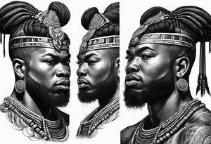 ogun guerreiro africano realista em preto e cinza com tons de verde no fudo tattoo idea