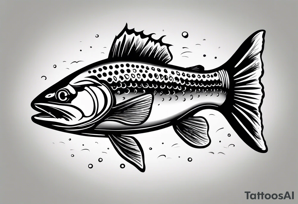 A small tattoo with a shaded trout and text that says, 'Como la trucha...' drawn with fine lines." tattoo idea