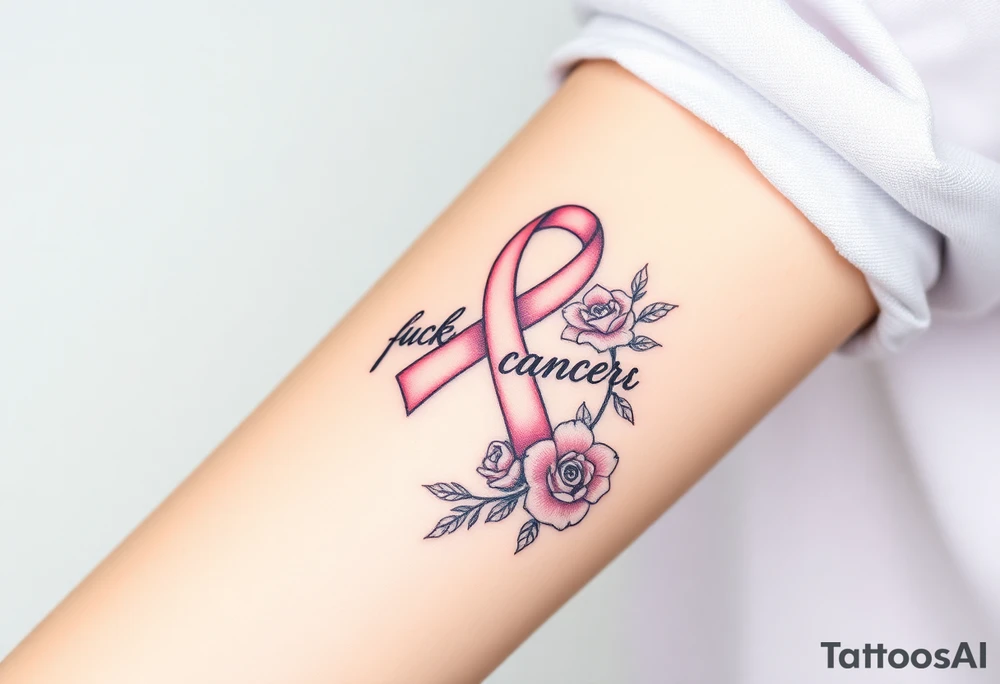 Pretty light pink Cancer ribbon that says "fuck cancer"with roses tattoo idea