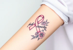 Pretty light pink Cancer ribbon that says "fuck cancer"with roses tattoo idea
