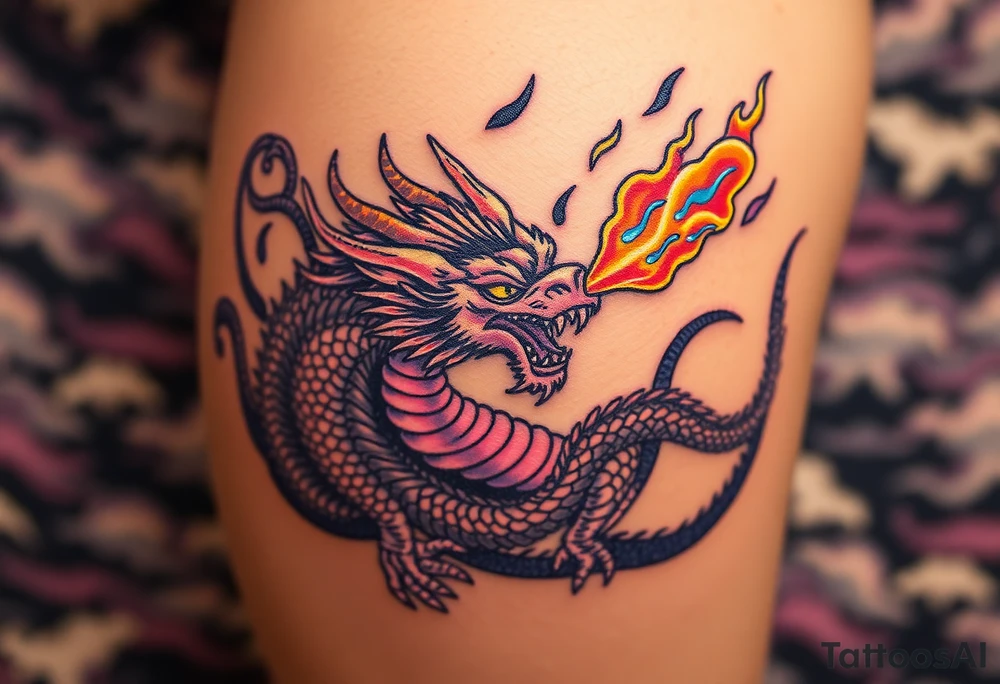fierce dragon breathing iridescent fire against stormy skies tattoo idea