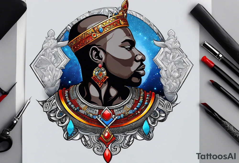 An african god, a bald black-skinned warrior, that uses a sword and a silver crown. He also uses blue and red necklaces tattoo idea