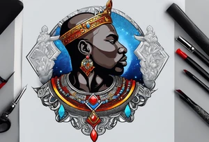 An african god, a bald black-skinned warrior, that uses a sword and a silver crown. He also uses blue and red necklaces tattoo idea