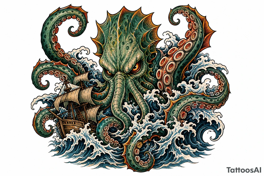 A powerful kraken-like water demon, tentacles emerging from stormy waves. tattoo idea