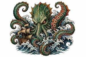 A powerful kraken-like water demon, tentacles emerging from stormy waves. tattoo idea