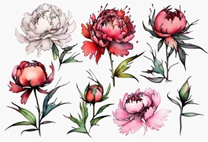a watercolor peonies that is bleeding with thorns, simple, tall, one line tattoo idea