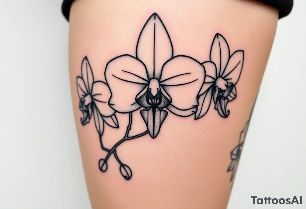 Draw of three fine line orchids different size realistic, the central part resembles a vagina. Are connected with branches tattoo idea