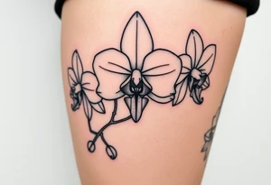 Draw of three fine line orchids different size realistic, the central part resembles a vagina. Are connected with branches tattoo idea