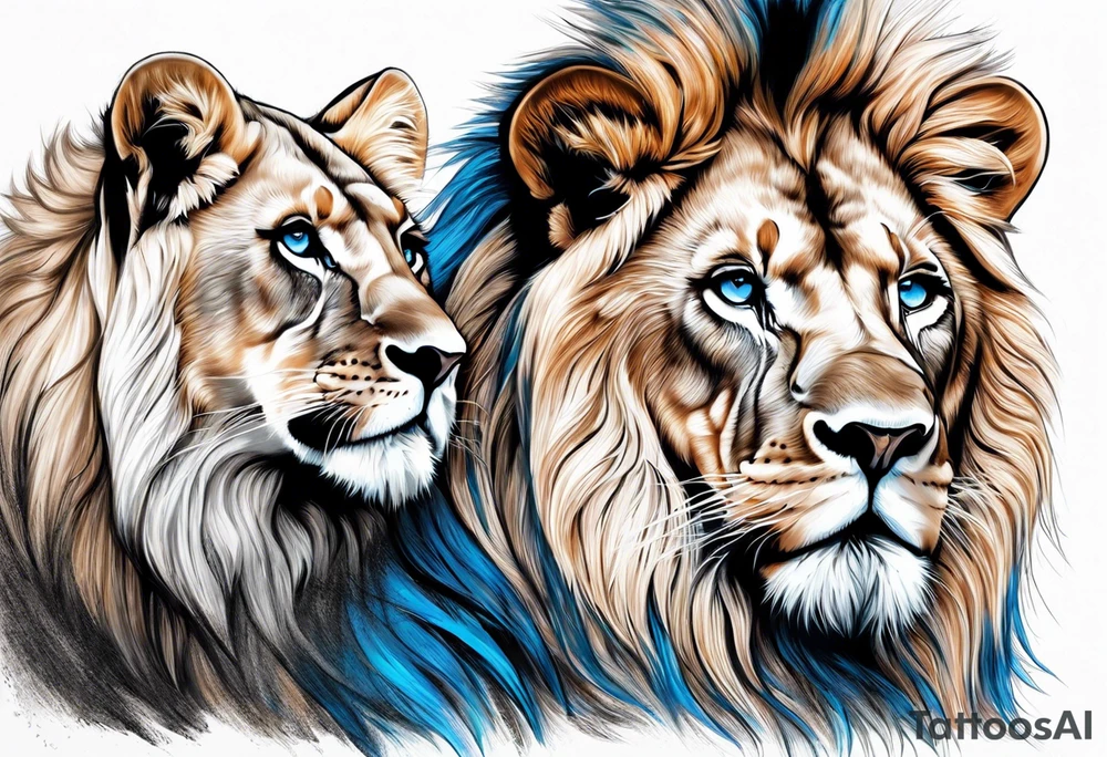 Male father lion with blue eyes. Two male cub lions one with blue eyes and the other brown. Father lion protecting cub lions. tattoo idea