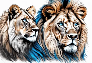 Male father lion with blue eyes. Two male cub lions one with blue eyes and the other brown. Father lion protecting cub lions. tattoo idea