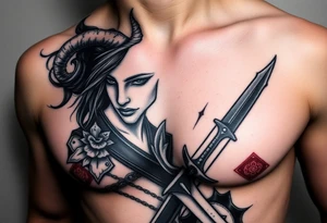 Feminine Tattoo dark female warrior with dagger and realistic horns just barley touching collarbone with a lot of shading tattoo idea