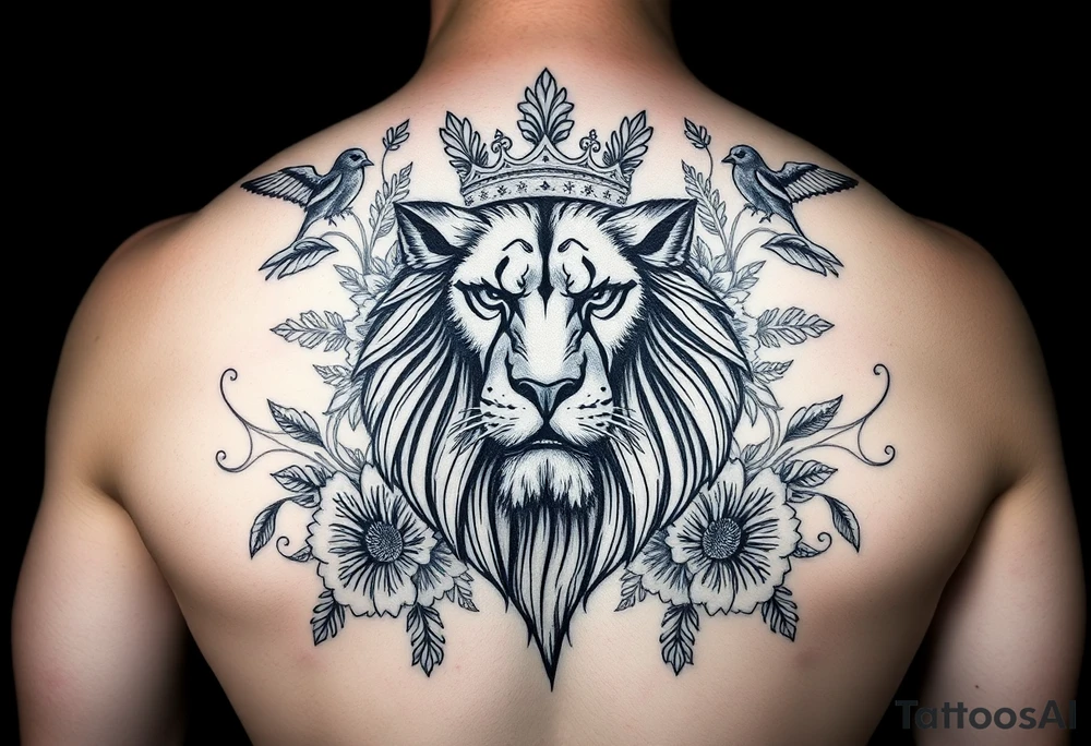 powerful majestic lion with a crown, surrounded by floral ornaments and birds tattoo idea