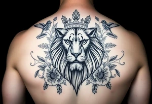 powerful majestic lion with a crown, surrounded by floral ornaments and birds tattoo idea