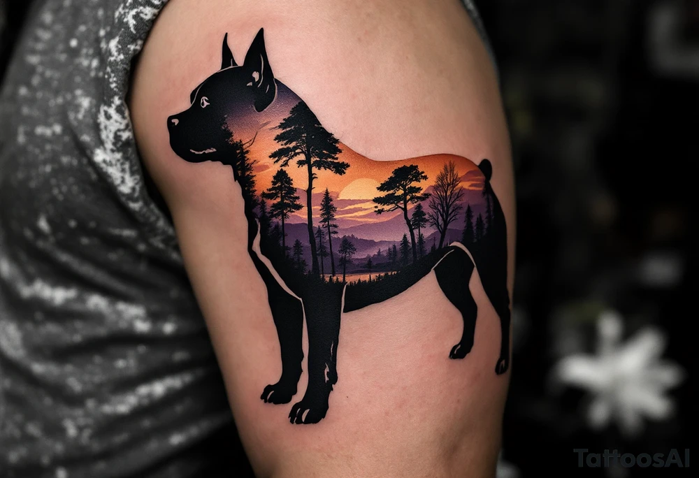 Stafford Silhouette with Landscape – Black silhouette of a Staffordshire Bull Terrierfilled with a sunset landscape in orange, purple, and yellow tones. tattoo idea