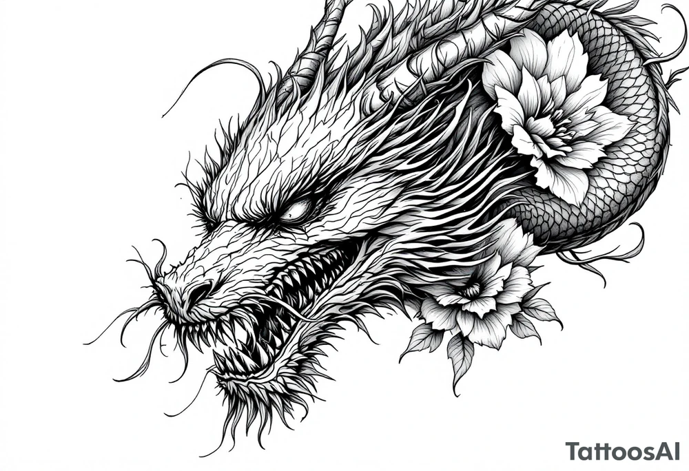 scary dragon face down with flowers tattoo idea