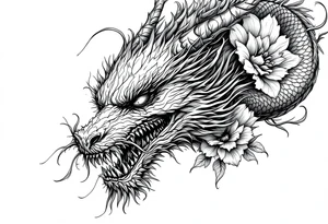 scary dragon face down with flowers tattoo idea