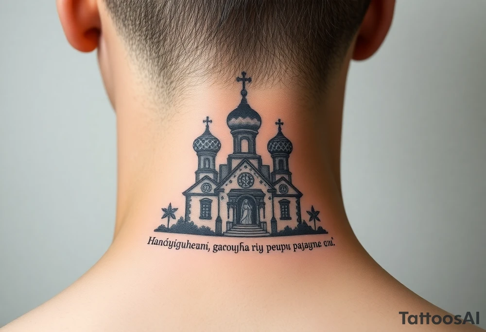 rusian orthodox domes church with a virgin mary in a russian rural village with Church Slavonic script or Cyrillic text — a prayer or meaningful phrase running along the sides tattoo idea