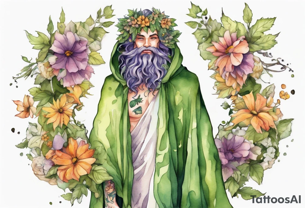 Dionysus covered in flowers and leaves wearing a cloak and mossy slippers tattoo idea