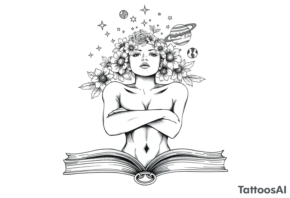 line art drawing of a womans torso coming from an open book. with stars, flowers and planets coming from her head above her nose. her arms are crossed onto her shoulders,. tattoo idea