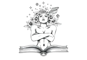 line art drawing of a womans torso coming from an open book. with stars, flowers and planets coming from her head above her nose. her arms are crossed onto her shoulders,. tattoo idea