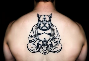 Meditating fat Buddha with pitbull head tattoo idea