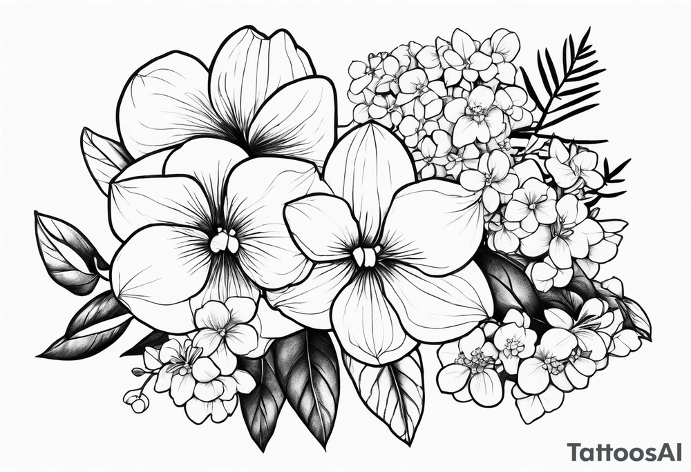 birth flower bouquet with orchid and hydrangeas tattoo idea