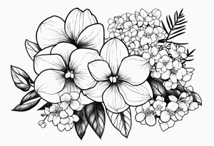 birth flower bouquet with orchid and hydrangeas tattoo idea