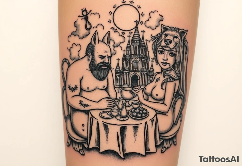 Naked Man and fat woman having sex eating cupcakes and  fruit  having sexy naked fat lady having a tea party with tea pots  swith fancy castle  
with mystical  a pigs, peacock,  lion, goat, noose and smoking cigerettes looking in the mirror thru storm clouds and broken hearts and darkness and wrath, envy , gluttony, greed, sloth, pride . Gothic tattoo idea