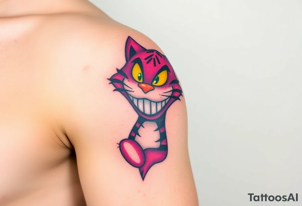 colourful Cheshire Cat from Alice in Wonderland, tattoo idea