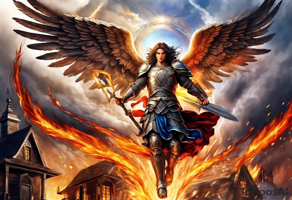 Archangel Michael flying over house fire tattoo idea