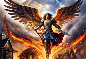 Archangel Michael flying over house fire tattoo idea