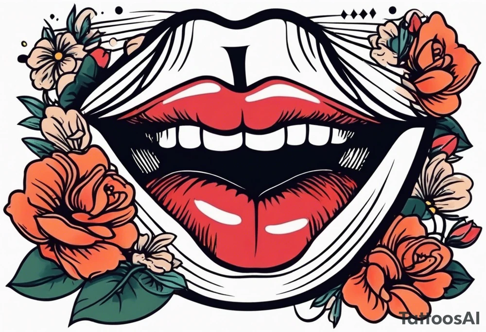 lips singing old school vintage traditional
flowers around and mouth next to microphone tattoo idea