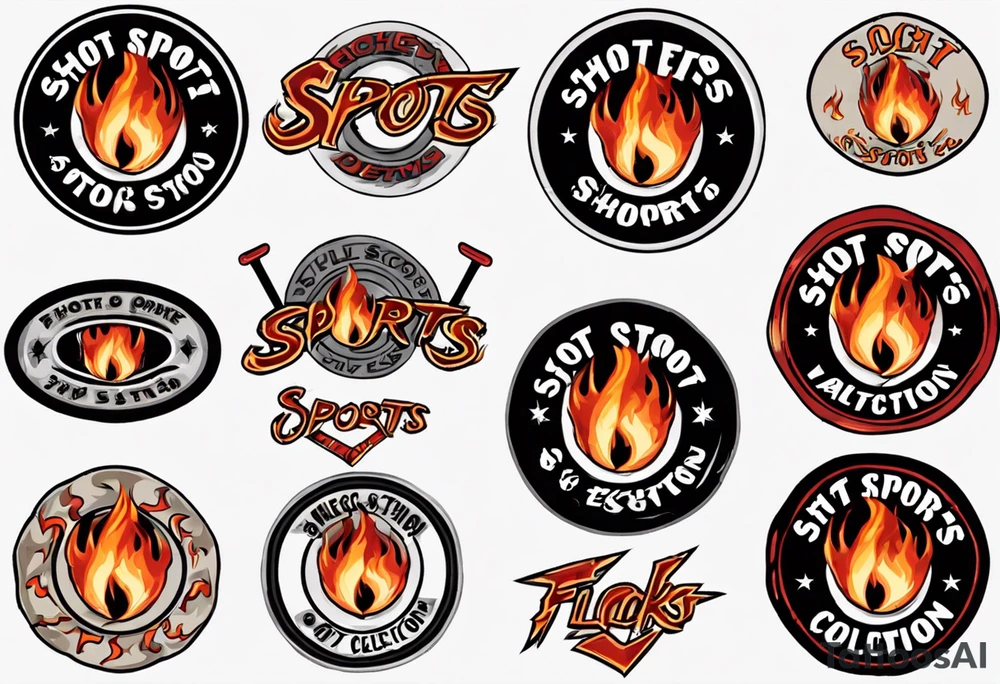 hockey puck with flames on it's side that says "SHOT SPORTS" tattoo idea