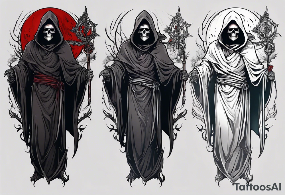A full body grim reaper with his hood completely off, a halo above his head. tattoo idea