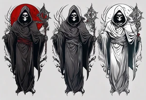 A full body grim reaper with his hood completely off, a halo above his head. tattoo idea