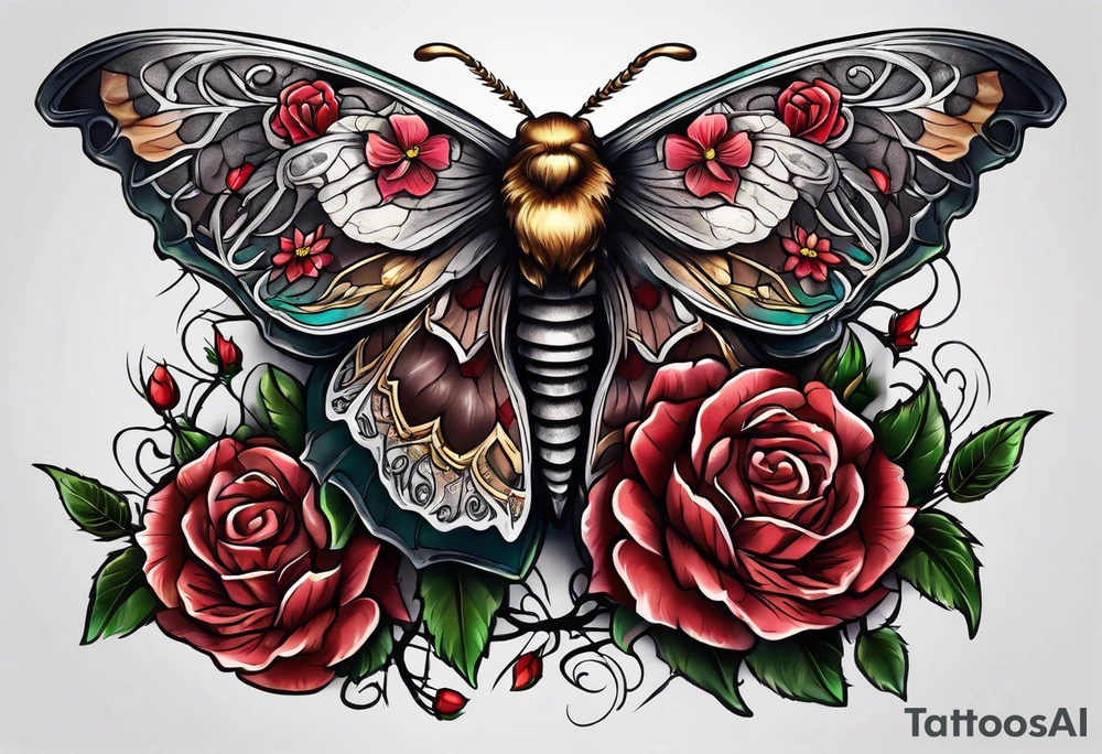 Moth with skull inside it and thorns and roses around it tattoo idea