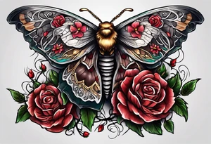 Moth with skull inside it and thorns and roses around it tattoo idea