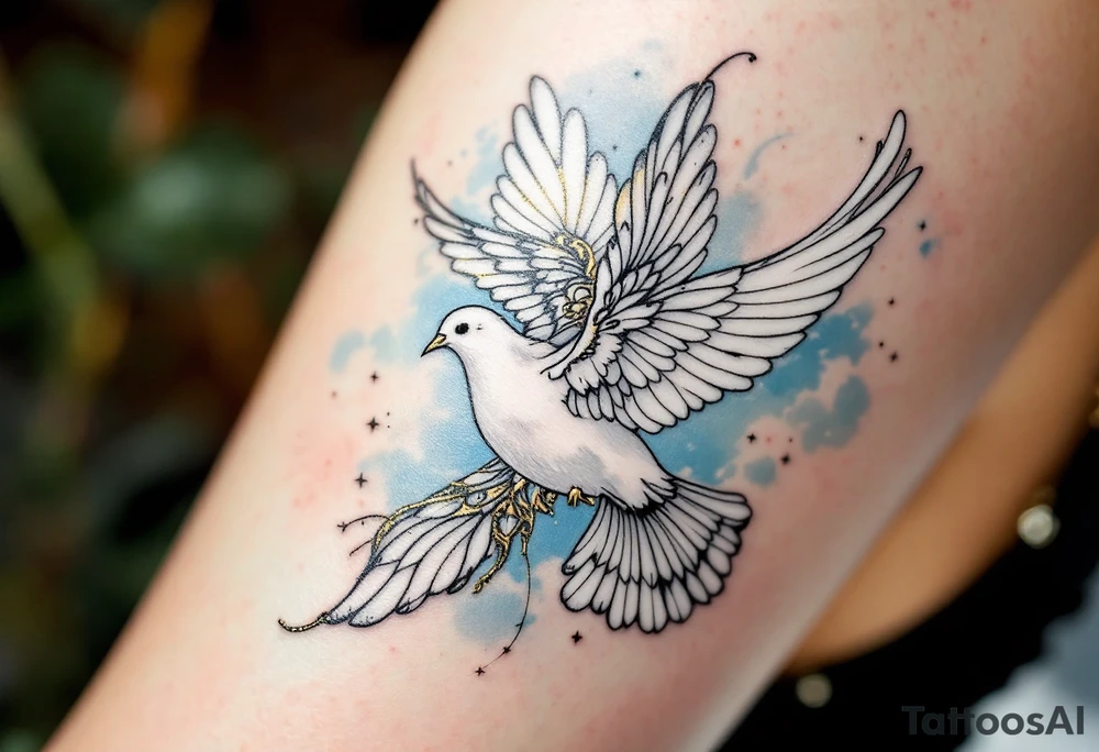 A white dove with gold accents flying through a sky of light blue stands for peace and freedom. tattoo idea