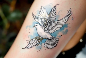 A white dove with gold accents flying through a sky of light blue stands for peace and freedom. tattoo idea