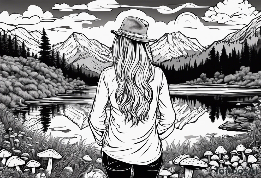 Whole picture encircled fully

Straight long blonde hair hippie girl in distance holding mushrooms in hand facing away toward mountains and creek surrounded by mushrooms long sleeve shirt and hiking pants; whole rendering within a full circle, no cut off circle tattoo idea
