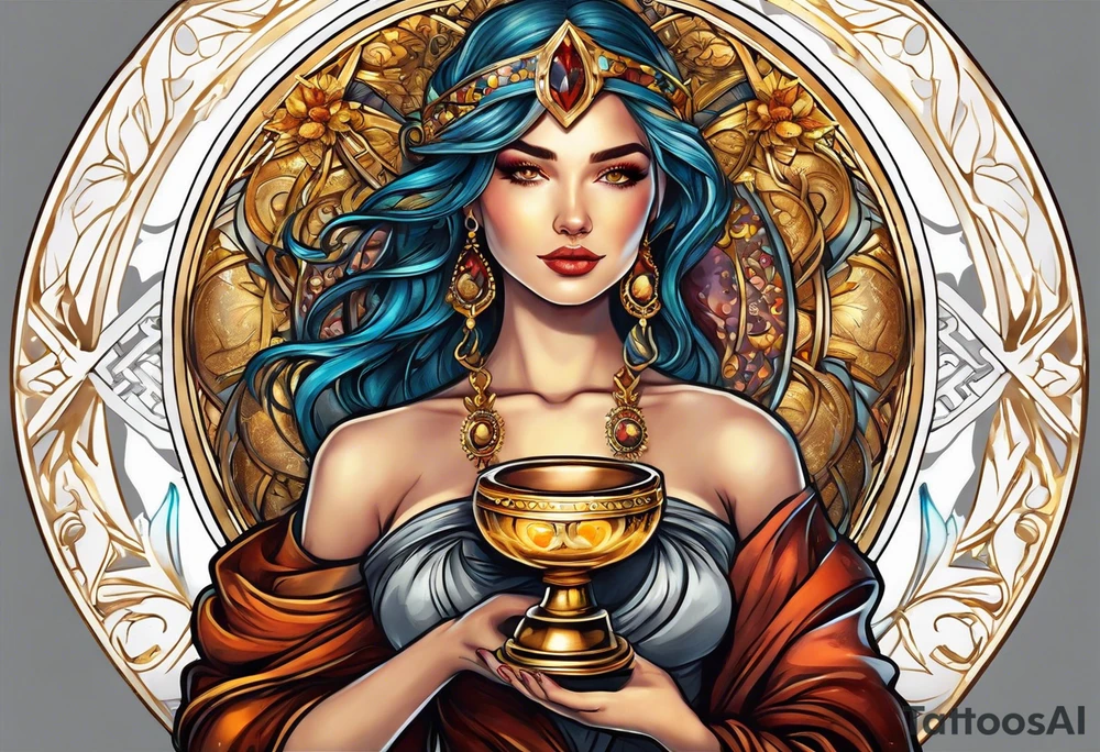 woman holding chalice surrounded by golden halo tattoo idea